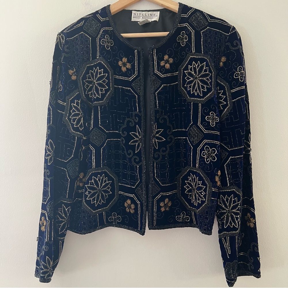 Niteline Vintage Jacket Beaded Evening Blue Black Size Medium Holiday Party